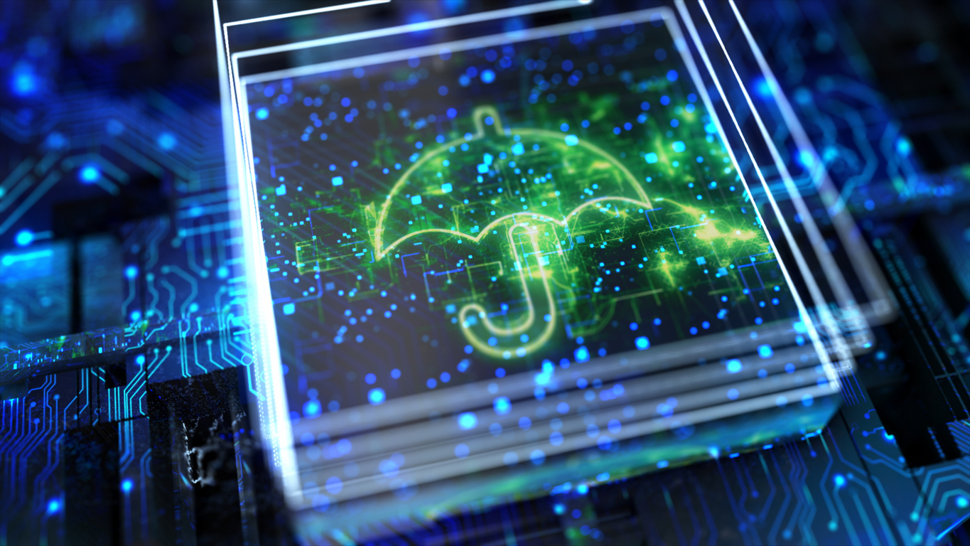 Digital umbrella icon on a glowing circuit board, symbolising AI disruption in the insurance industry.